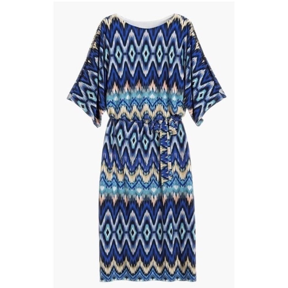 Chico's Size M *(8/10) Dress Cold Shoulder Blue Stretchy Midi Belted Casual Work